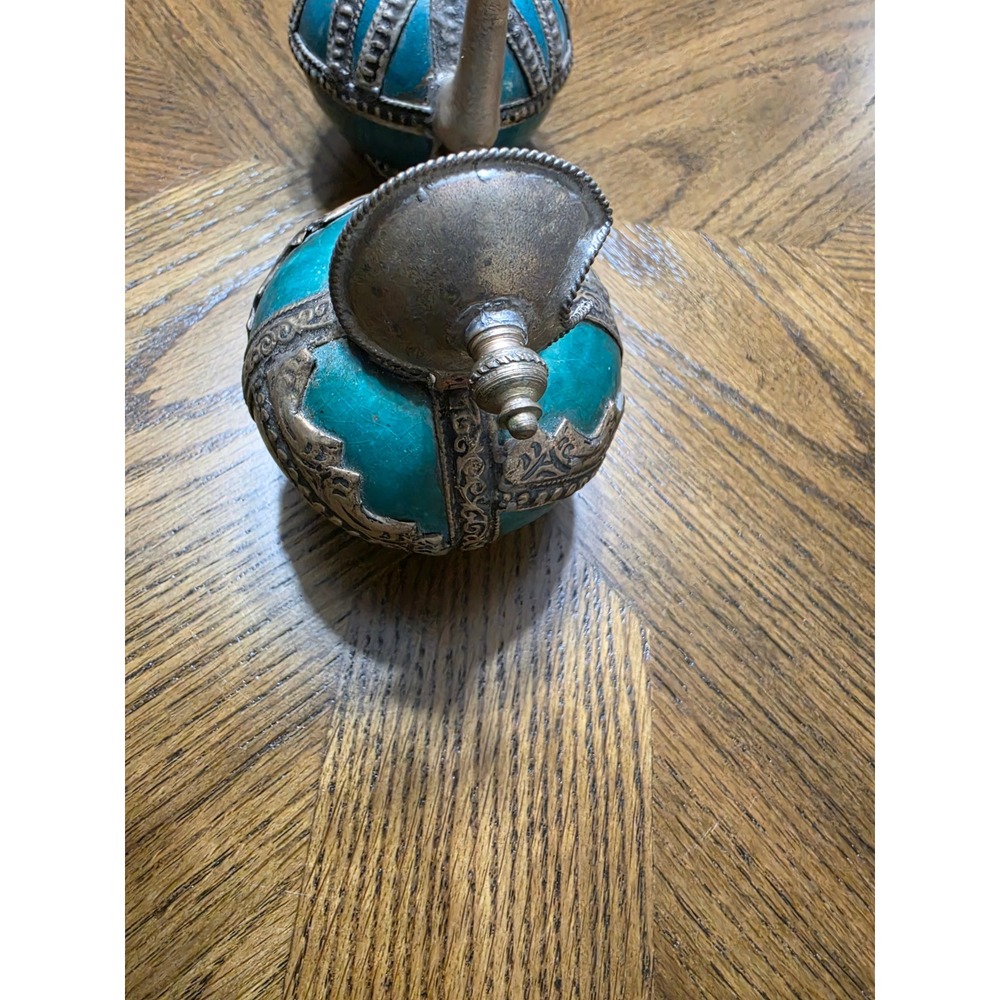 Vintage Moroccan Teal Ceramic Metal Filigree Teapot and Lidded Jar Set 2 Piece - Picture 5 of 9